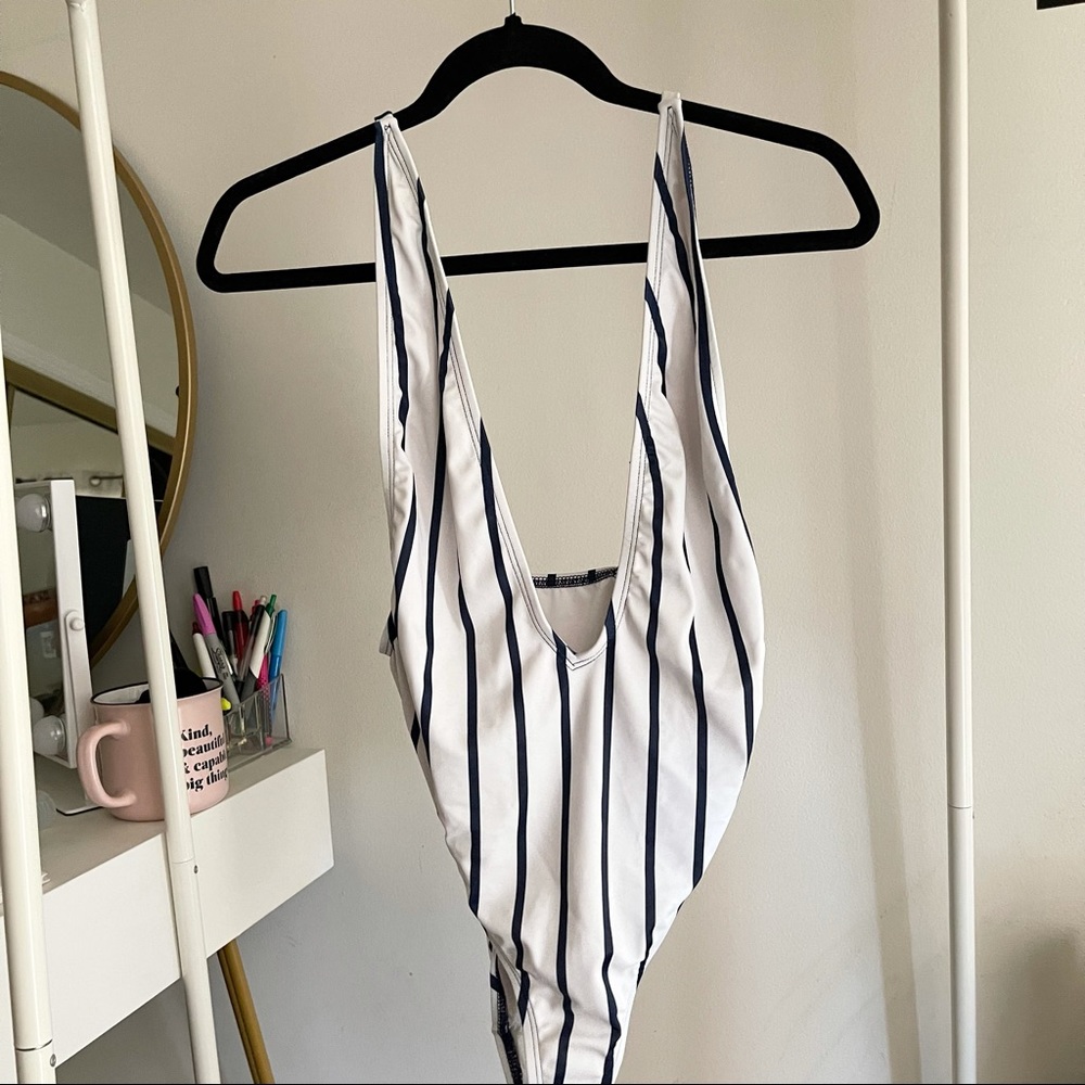 Pinstripe One Piece Swimsuit White Size Medium